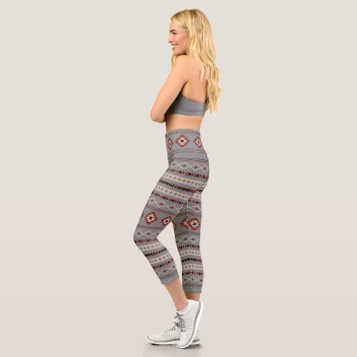 Aztec Rust Cream Brown Gray Mixed Motifs Pattern Capri Leggings