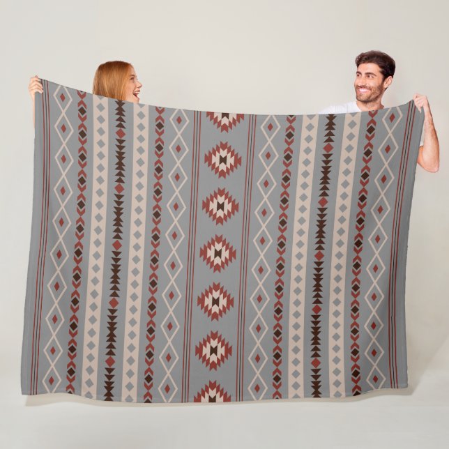 Aztec Rust Cream Brown Gray Mixed Motifs Pattern Fleece Blanket (In Situ)