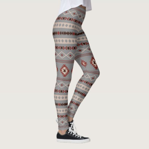 Aztec Rust Cream Brown Gray Mixed Motifs Pattern Leggings