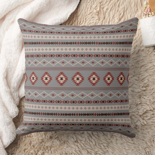 Aztec Rust Cream Brown Gray Mixed Motifs Pattern Throw Pillow (Blanket)