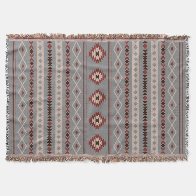 Aztec Rust Cream Brown Gray Mixed Motifs V Pattern Throw Blanket (Front)