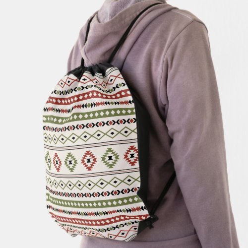 Aztec Rust Green Black Cream Mixed Motifs Pattern Drawstring Bag