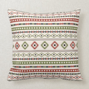 Aztec Rust Green Black Cream Mixed Motifs Pattern Throw Pillow