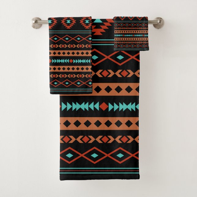Aztec Rusts Teal Black Mixed Motifs Pattern Bath Towel Set (Insitu)