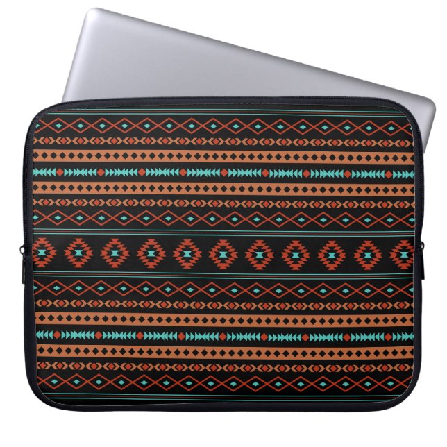 Aztec Rusts Teal Black Mixed Motifs Pattern Laptop Sleeve (Front)