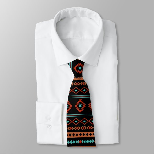 Aztec Rusts Teal Black Mixed Motifs Pattern Neck Tie (Tied)