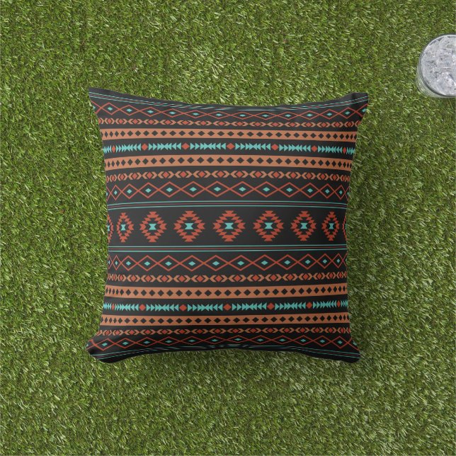 Aztec Rusts Teal Black Mixed Motifs Pattern Outdoor Pillow (Grass)