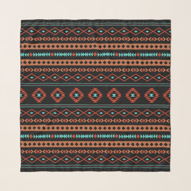 Aztec Rusts Teal Black Mixed Motifs Pattern Scarf (Front)