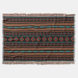 Aztec Rusts Teal Black Mixed Motifs Pattern Throw Blanket