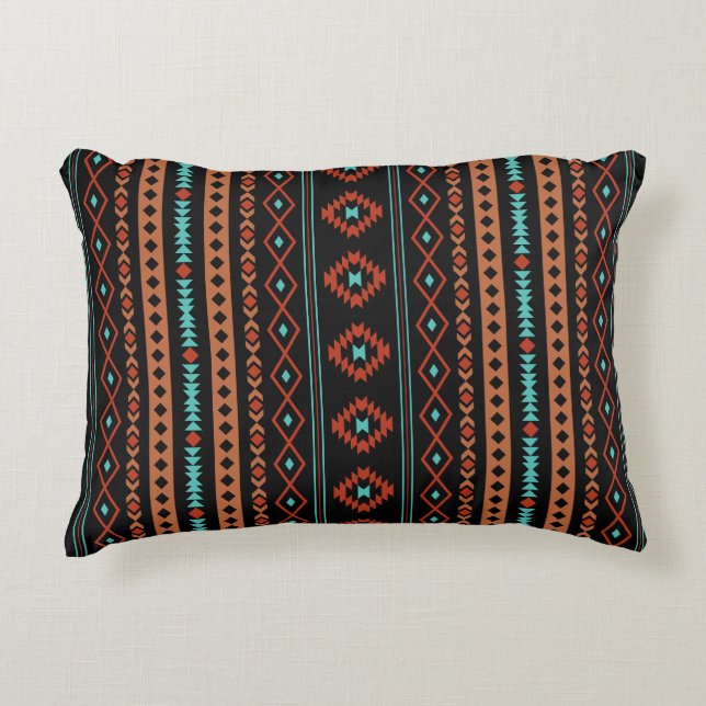 Aztec Rusts Teal Black Mixed Motifs V Pattern Accent Pillow (Front)