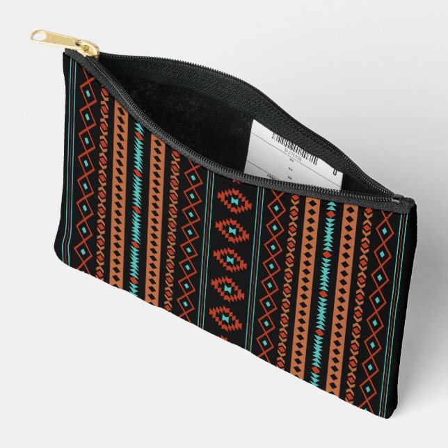 Aztec Rusts Teal Black Mixed Motifs V Pattern Accessory Pouch (Open)