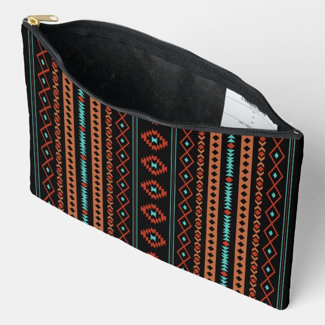 Aztec Rusts Teal Black Mixed Motifs V Pattern Accessory Pouch (Open)