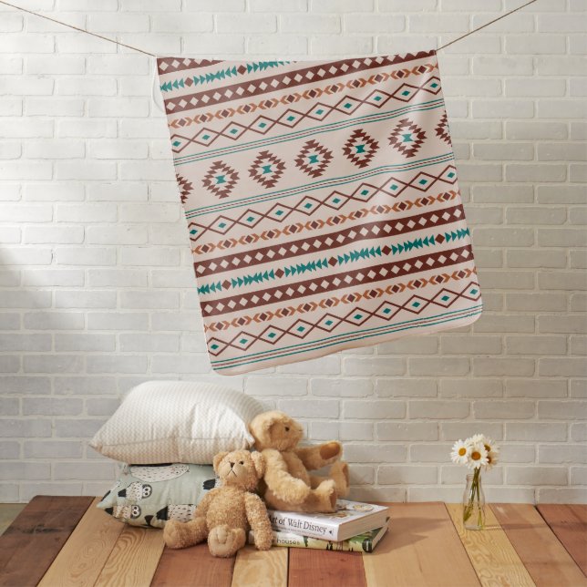 Aztec Rusts Teal Cream Mixed Motifs Pattern Baby Blanket (In Situ)