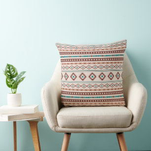 Aztec Rusts Teal Cream Mixed Motifs Pattern Throw Pillow
