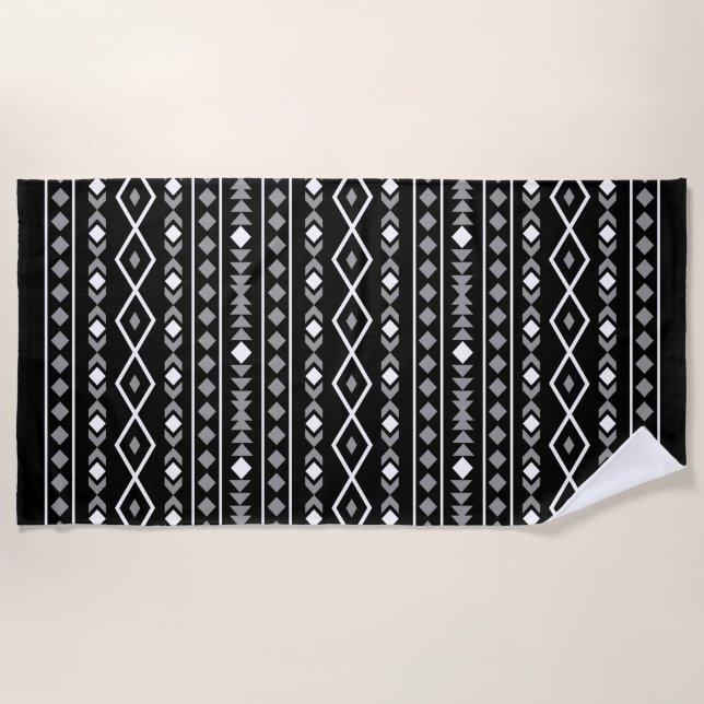 Aztec Shapes Pattern Grey White Black Beach Towel (Front)