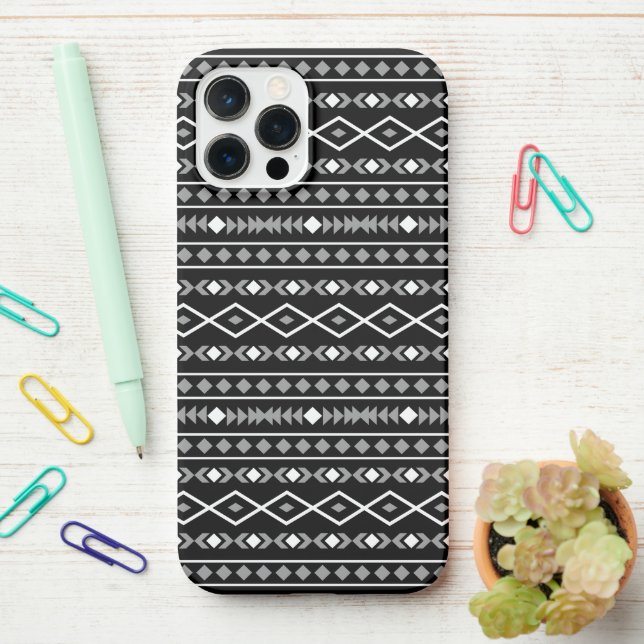 Aztec Shapes Pattern Grey White Black iPhone Case (On Desk)