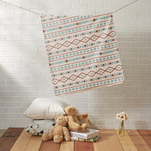 Aztec Shapes Pattern Rust Teal Cream Baby Blanket (In Situ)