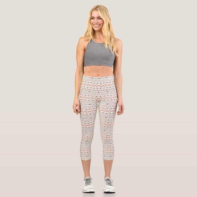 Aztec Shapes Pattern Rust Teal Cream Capri Leggings (Front)