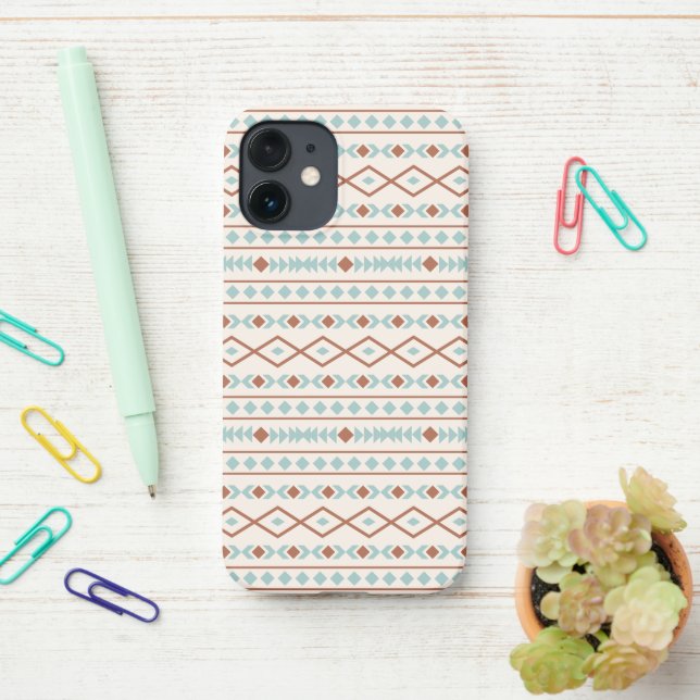 Aztec Shapes Pattern Rust Teal Cream iPhone Case (On Desk)