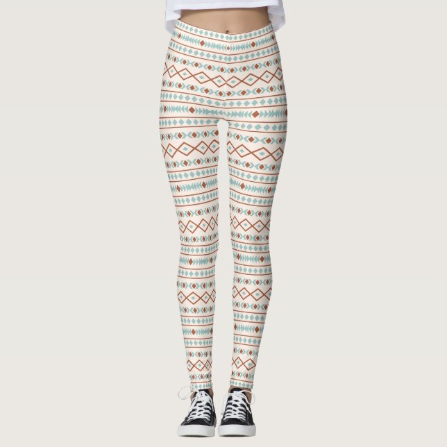 Aztec Shapes Pattern Rust Teal Cream Leggings (Front)