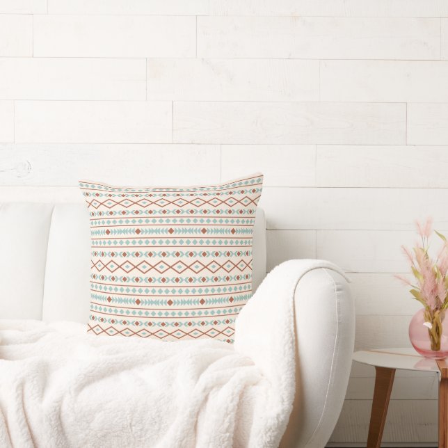 Aztec Shapes Pattern Rust Teal Cream Throw Pillow (Couch)