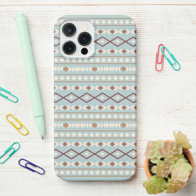 Aztec Shapes Pattern Rusts Cream Teal-Blue iPhone Case (On Desk)