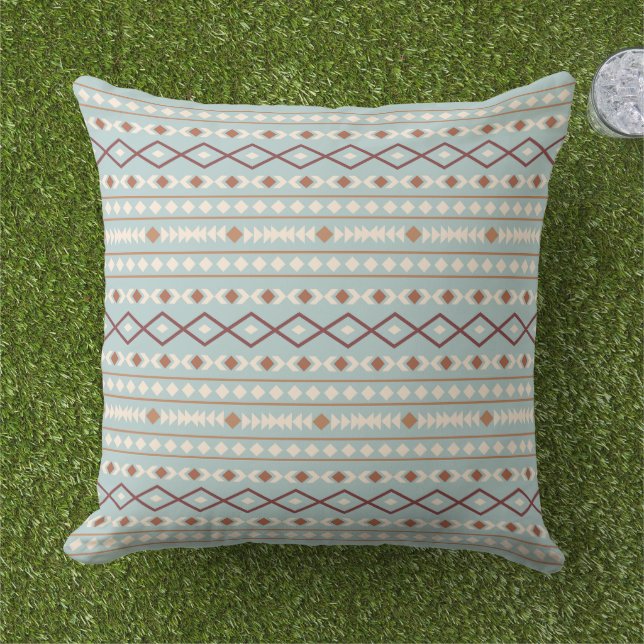 Aztec Shapes Pattern Rusts Cream Teal-Blue Outdoor Pillow (Grass)