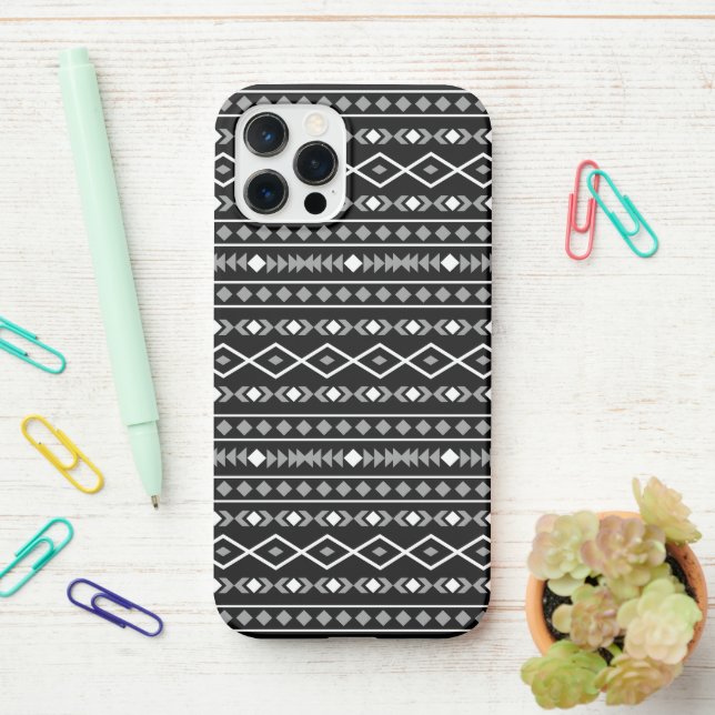 Aztec Shapes Pattern White Grey Black iPhone Case (On Desk)