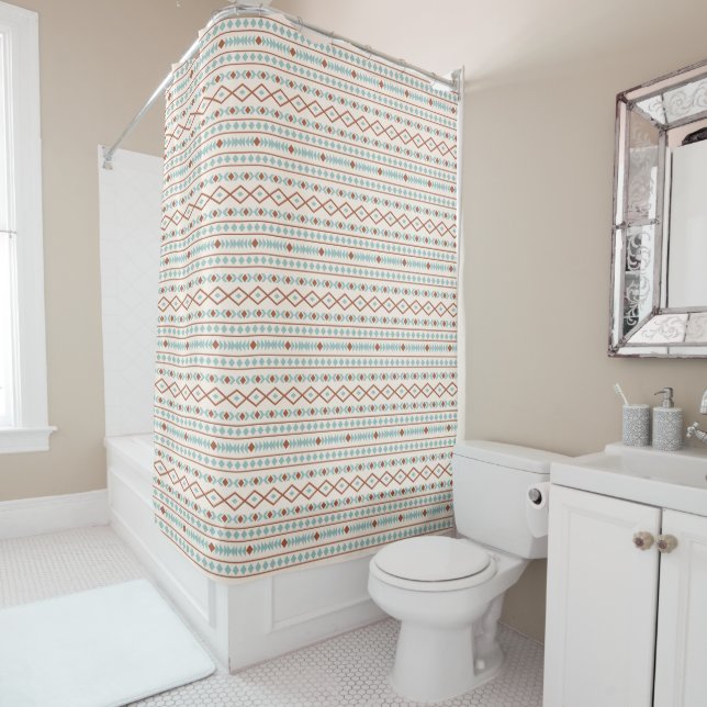 Aztec Shapes Rpt Pattern Rust Teal Cream Shower Curtain (In Situ)