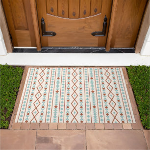 Aztec Shapes V Pattern Rust Teal Cream Doormat
