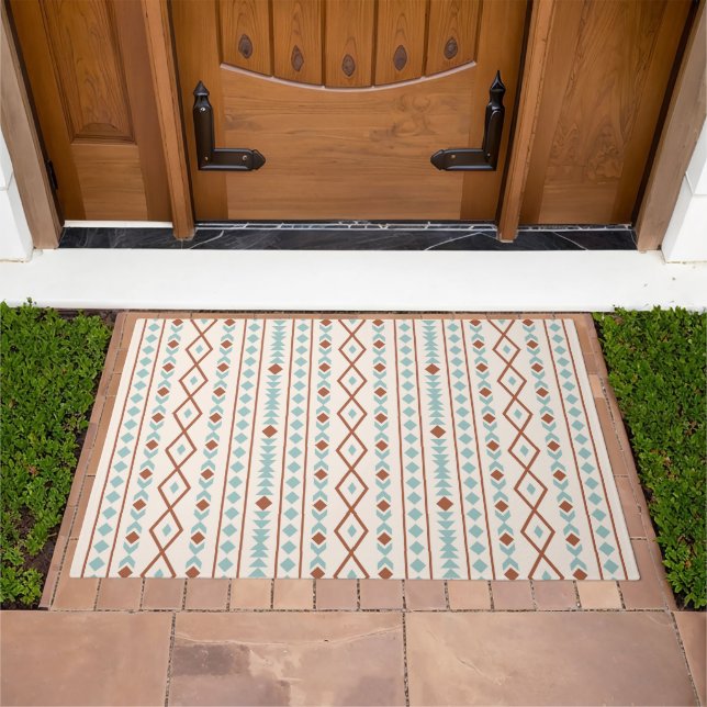 Aztec Shapes V Pattern Rust Teal Cream Doormat (Outdoor)