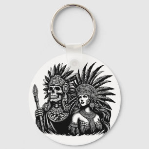 Aztec Skeleton Warrior with Princess woman art Keychain