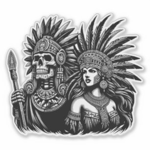 Aztec Skeleton Warrior with Princess woman art Sticker