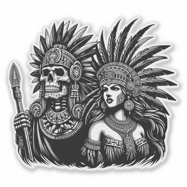 Aztec Skeleton Warrior with Princess woman art Sticker (Front)