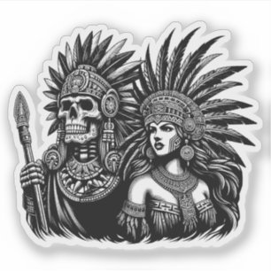 Aztec Skeleton Warrior with Princess woman art Sticker