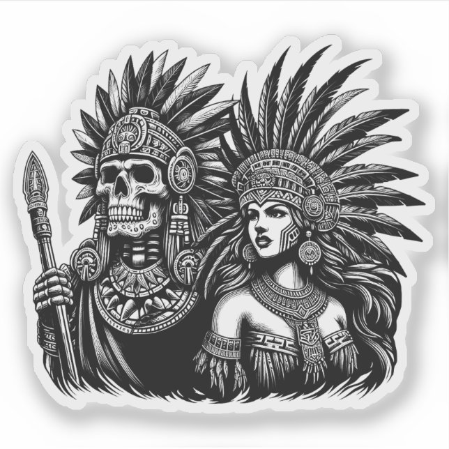 Aztec Skeleton Warrior with Princess woman art Sticker (Front)