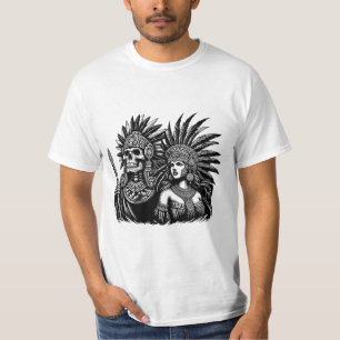 Aztec Skeleton Warrior with Princess woman art T-Shirt