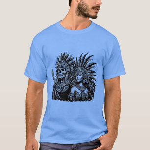 Aztec Skeleton Warrior with Princess woman art T-Shirt