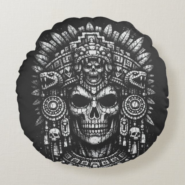 Aztec Skull Headdress by BurnsInHell Round Pillow (Front)
