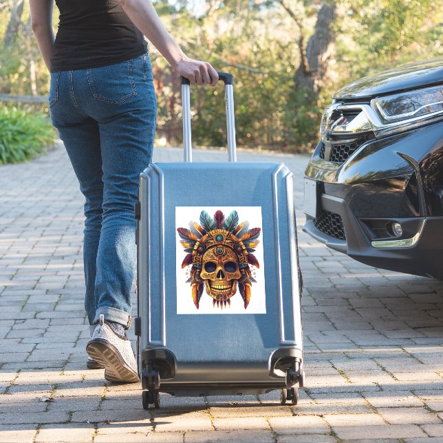 Aztec Skull Relic Sticker (Suitcase Insitu)
