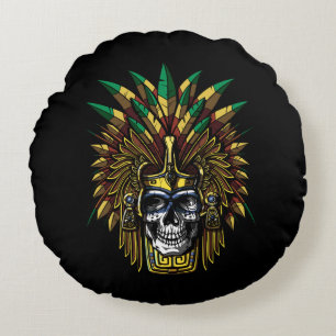 Aztec Skull Warrior Round Pillow