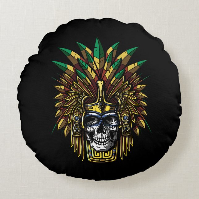 Aztec Skull Warrior Round Pillow (Front)