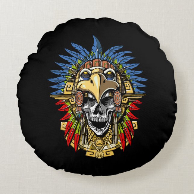 Aztec Skull Warrior Round Pillow (Front)
