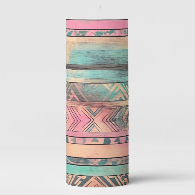 Aztec Southwestern Blue And Pink Tribal Pillar Candle (Front)