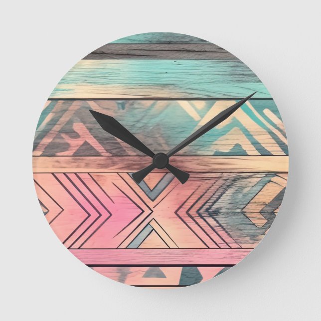 Aztec Southwestern Blue And Pink Tribal Round Clock (Front)