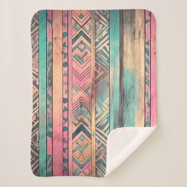 Aztec Southwestern Blue And Pink Tribal  Sherpa Blanket (Front)