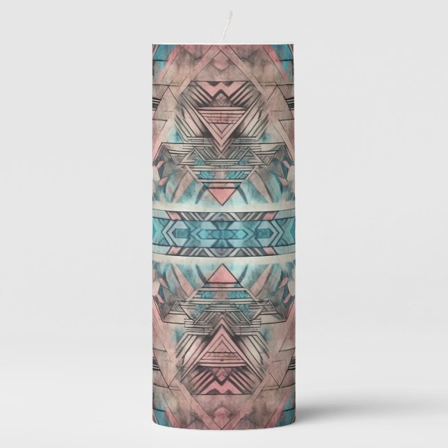 Aztec Southwestern Pastel Pink And Blue Pillar Candle (Front)