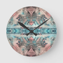 Aztec Southwestern Pastel Pink And Blue Round Clock