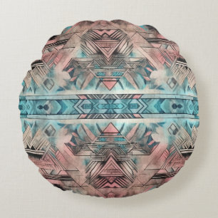 Aztec Southwestern Pastel Pink And Blue Round Pillow
