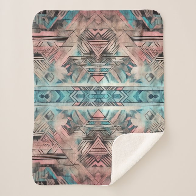 Aztec Southwestern Pastel Pink And Blue Sherpa Blanket (Front)